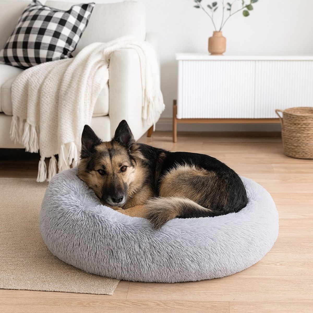 Lys grå donut hundeseng - Fluffy rund hunde - og katteseng, flere str