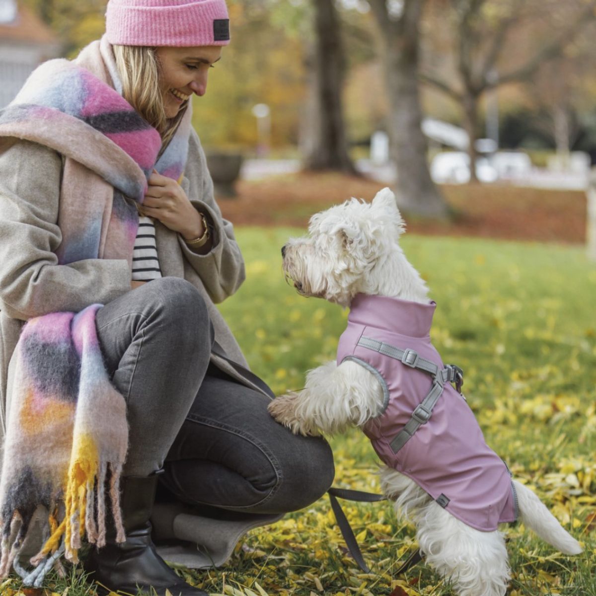 Rosa regndekken med integrert sele til hund