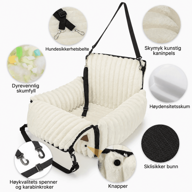 Hvitt multifunksjonelt bilsete til hund i mykt og komfortabelt design