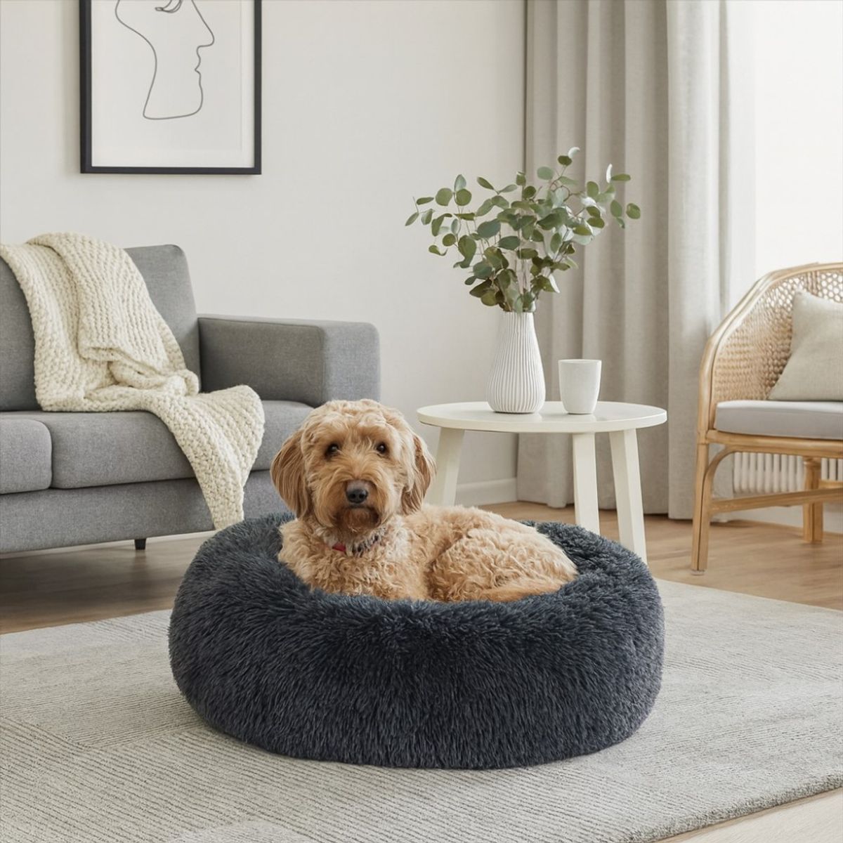 Supermyk Donut Hundeseng/Katteseng – Mørk Grå Fluffy Luksus for Pelsvenner