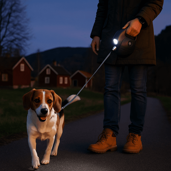 Hovedbilde Sort uttrekkbart fleksibelt hundebånd med lys til stor hund - 5 meter