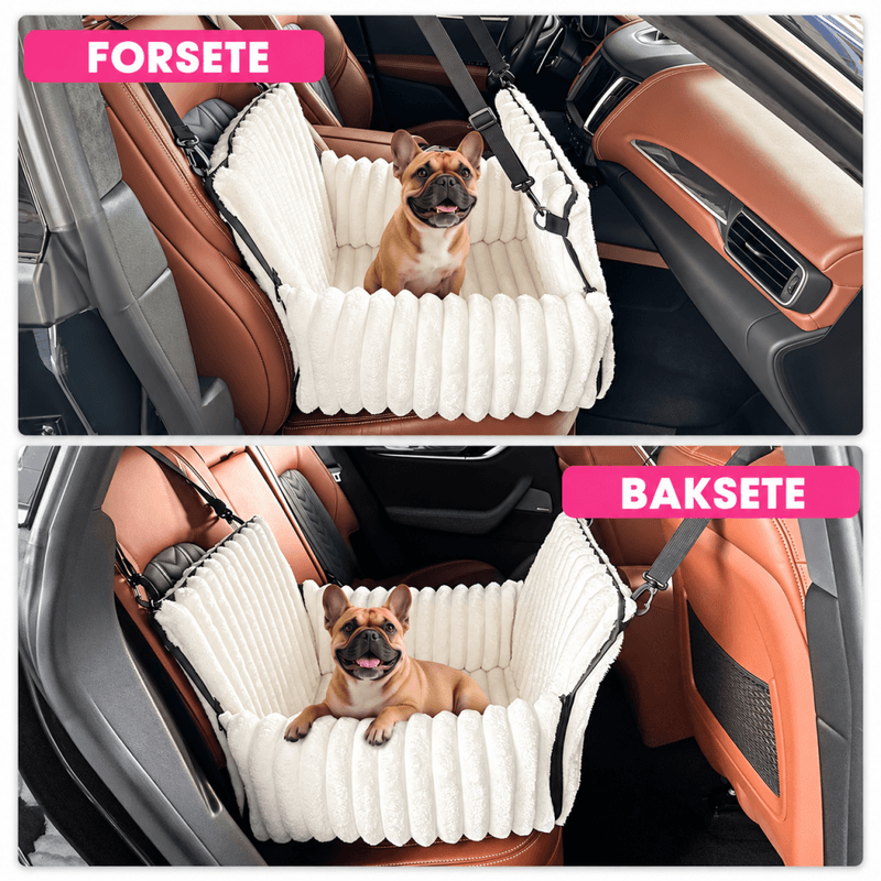 Hvitt multifunksjonelt bilsete til hund i mykt og komfortabelt design