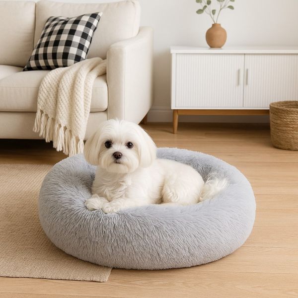 Hovedbilde Lys grå donut hundeseng - Fluffy rund hunde - og katteseng, flere str