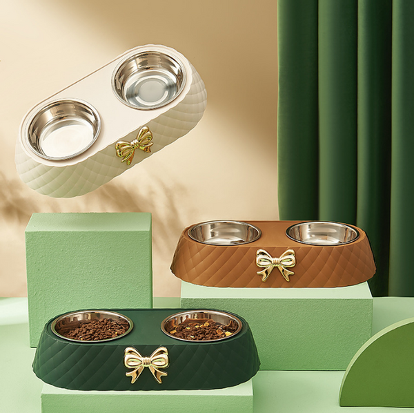 Hovedbilde Coffee quiltet dobbel hunde- og katteskål med sløyfe