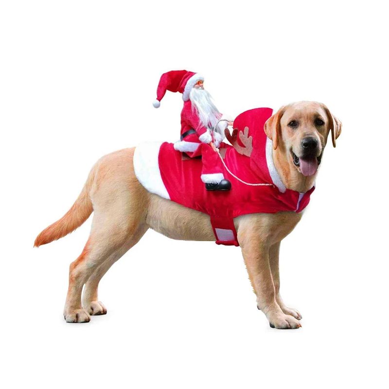 Hundekostyme til jul - julenissen som rir på reinsdyr 
